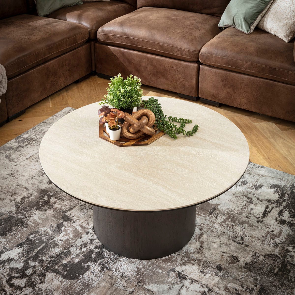 Table basse ronde Metropolis, finition chêne gris et céramique effet pierre, 90 cm