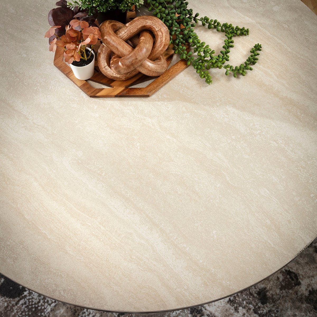 Table basse ronde Metropolis, finition chêne gris et céramique effet pierre, 90 cm