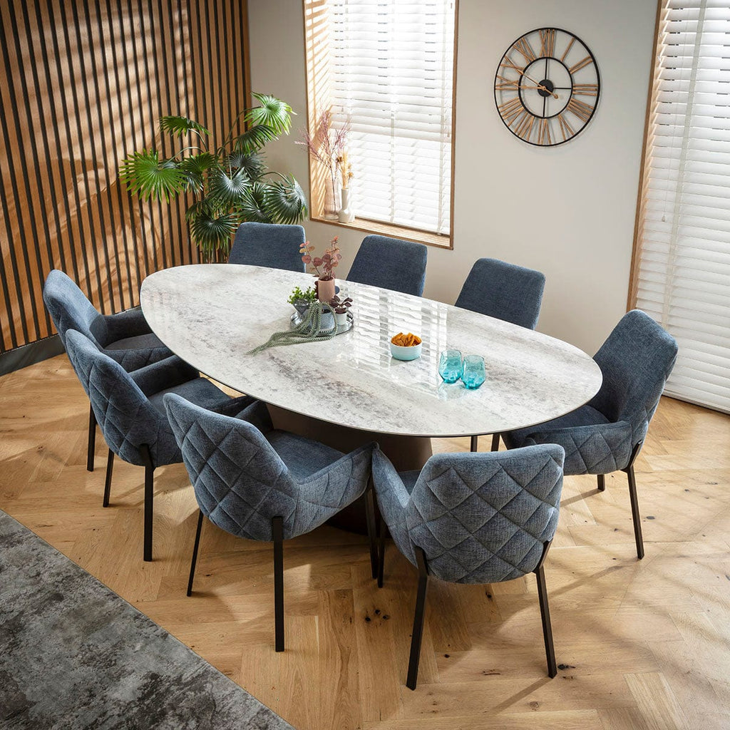 Ensemble de salle à manger ovale 8 places Cora &amp; Ashford, en chenille bleue et céramique grise