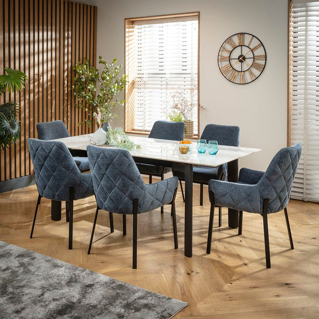 Ensemble de salle à manger extensible 6 places Cora &amp; Cain, en chenille bleue et céramique blanche