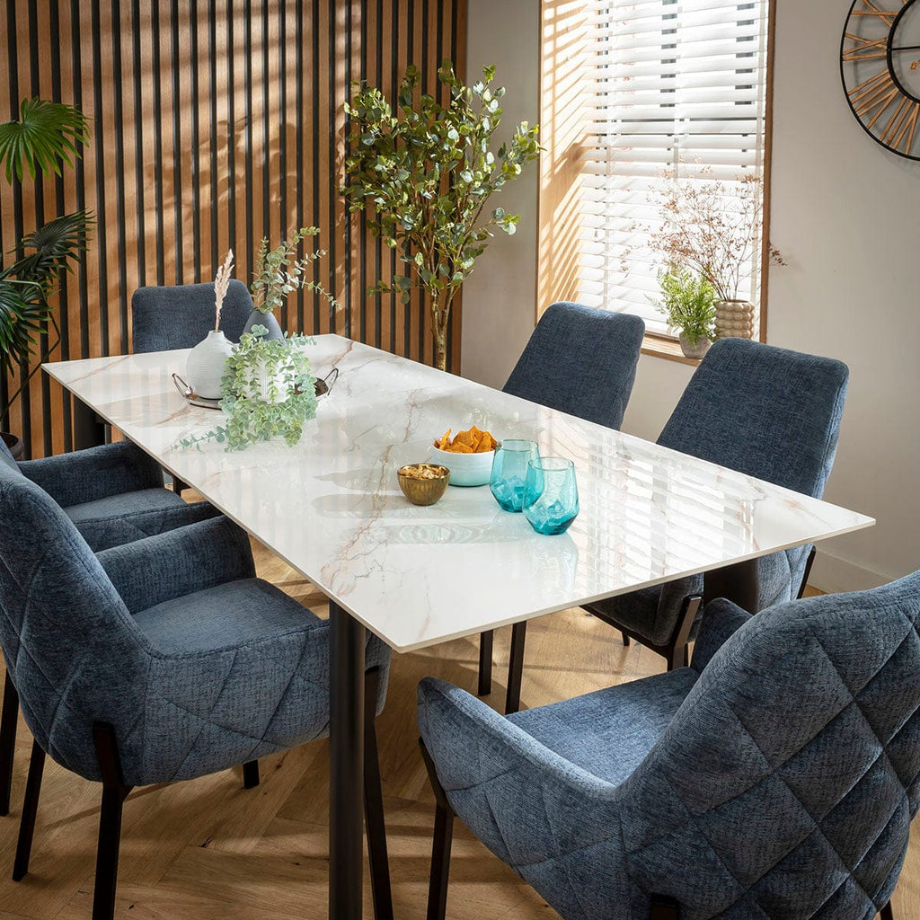 Ensemble de salle à manger extensible 6 places Cora &amp; Cain, en chenille bleue et céramique blanche