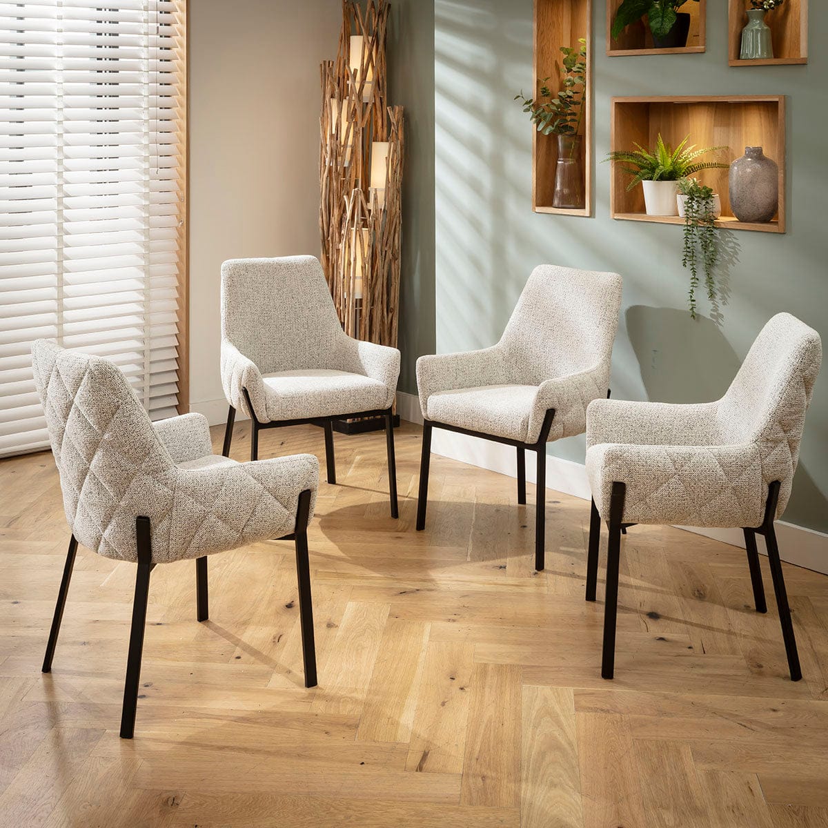 4 chaises de salle à manger Cora Modern Carver avec accoudoirs, revêtement en tissu tissé gris
