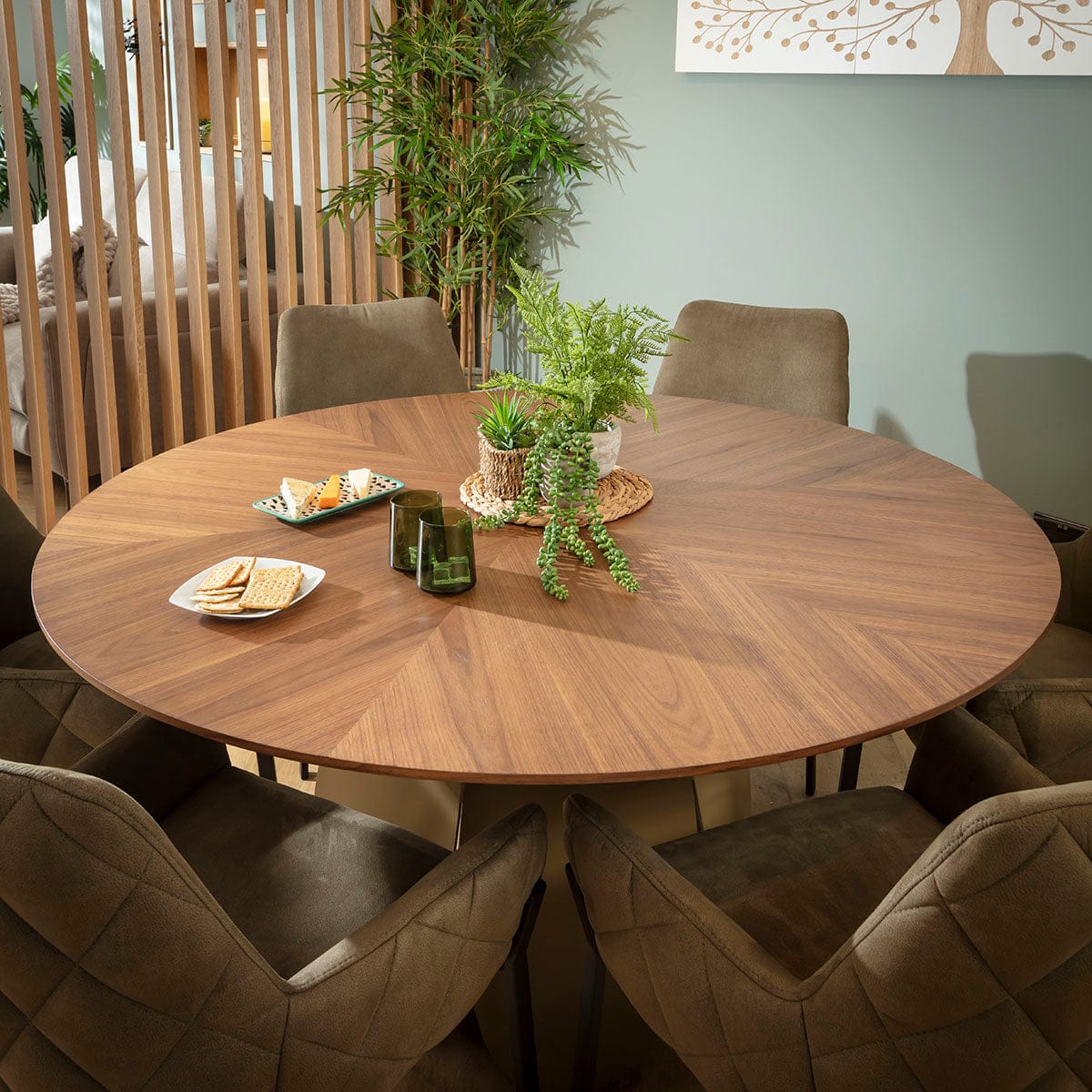 Ensemble de salle à manger rond moderne 6 places Cora &amp; Phoenix, vert et noyer