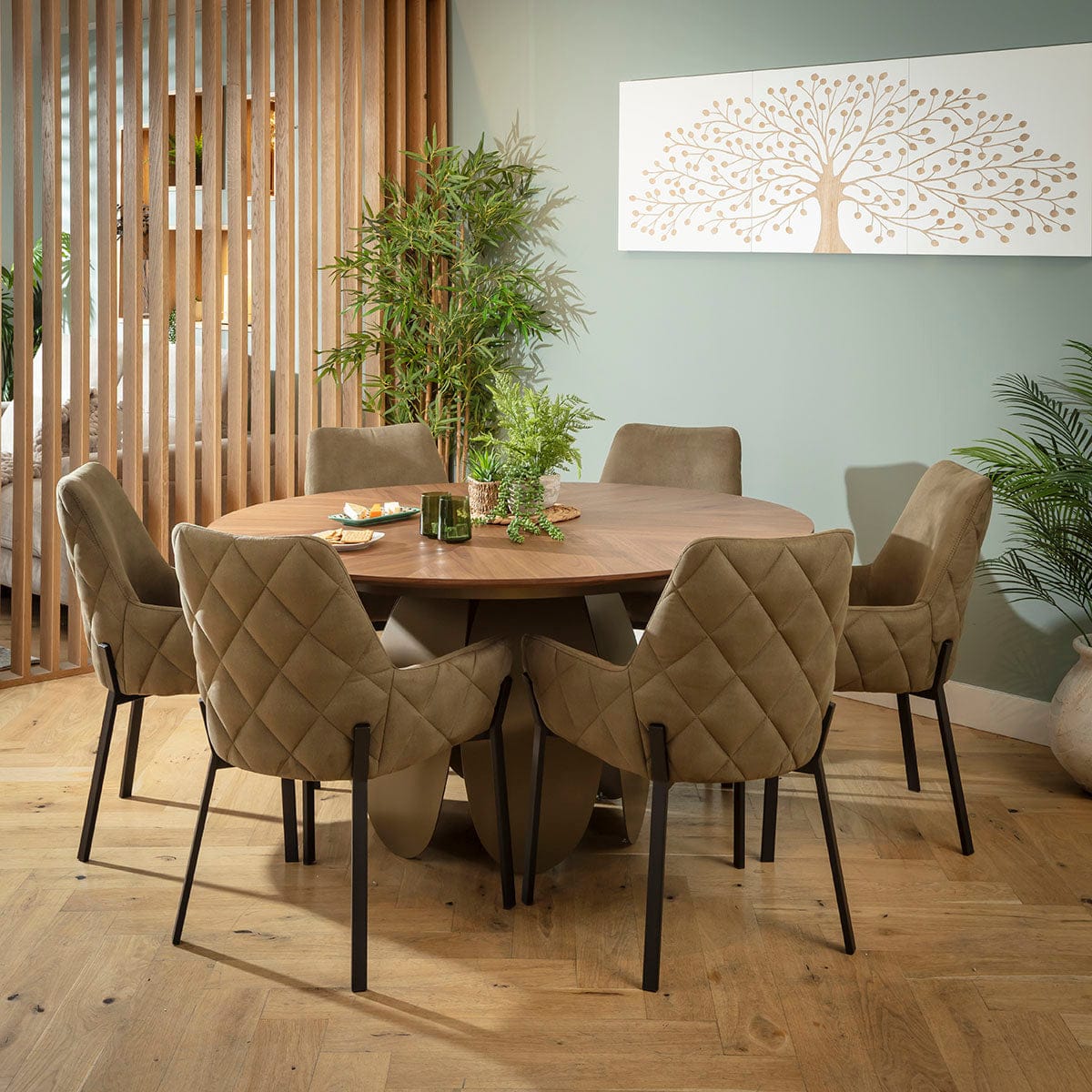 Ensemble de salle à manger rond moderne 6 places Cora &amp; Phoenix, vert et noyer