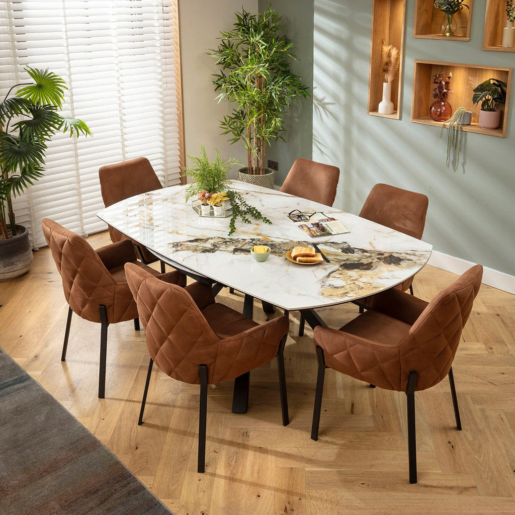 Ensemble de salle à manger rond extensible 6 places Cora &amp; Rudie en céramique marron et blanche