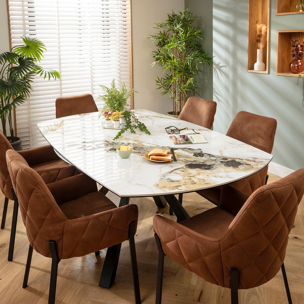 Ensemble de salle à manger rond extensible 6 places Cora &amp; Rudie en céramique marron et blanche