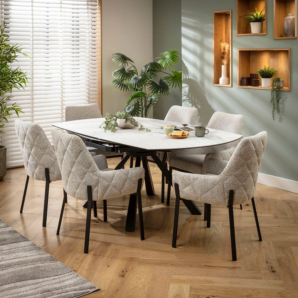 Ensemble de salle à manger rond extensible 6 places Cora &amp; Rudie en céramique grise et blanche mate