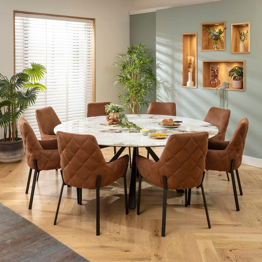 Ensemble de salle à manger rond extensible 6 places Cora &amp; Rudie en céramique marron et blanche