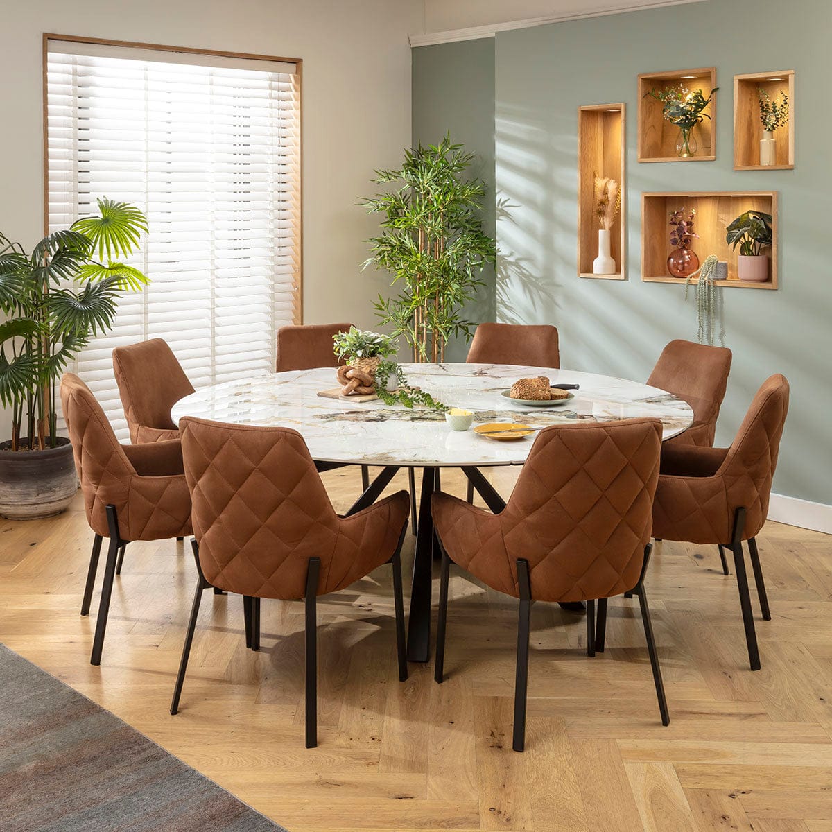 Ensemble de salle à manger rond extensible 6 places Cora &amp; Rudie en céramique marron et blanche