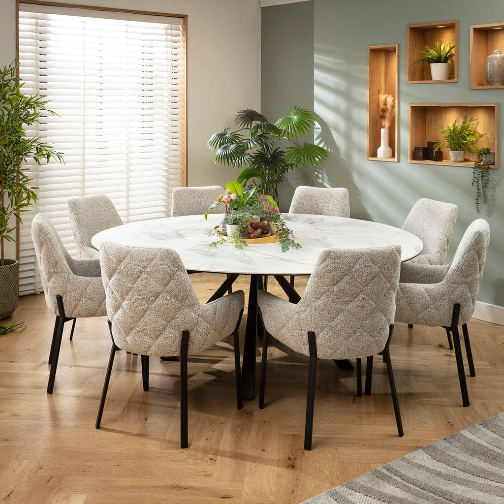 Ensemble de salle à manger rond extensible 8 places Cora &amp; Rudie, céramique grise et blanche mate