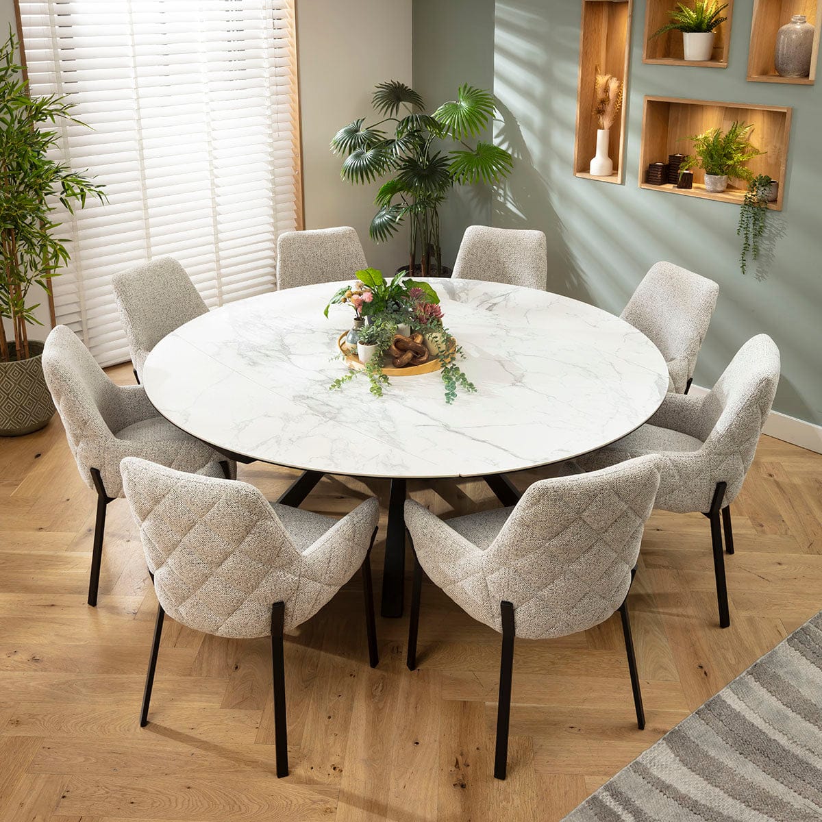 Ensemble de salle à manger rond extensible 8 places Cora &amp; Rudie, céramique grise et blanche mate