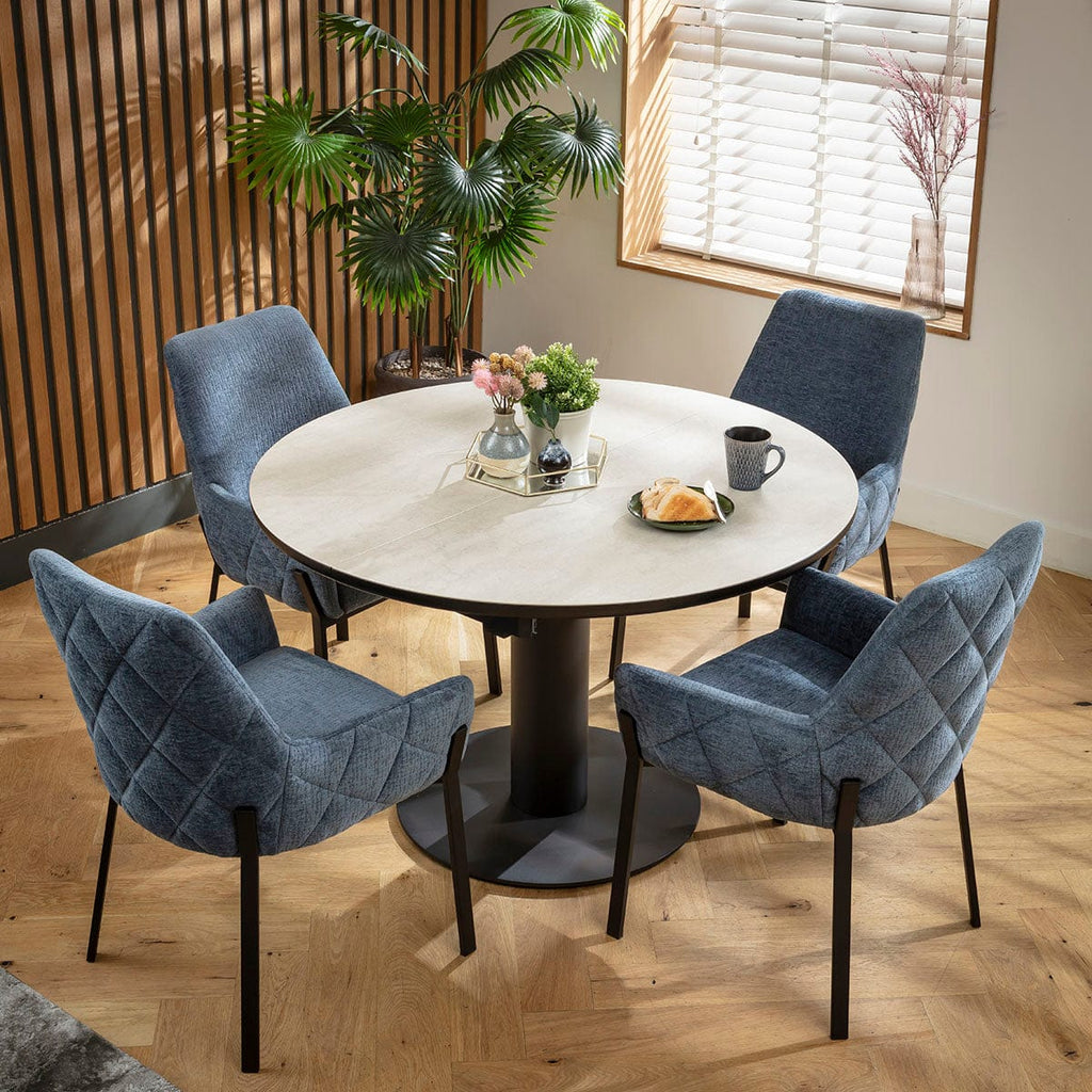 Ensemble de salle à manger rond extensible 4 places Cora &amp; Venus, en chenille bleue et céramique gris clair