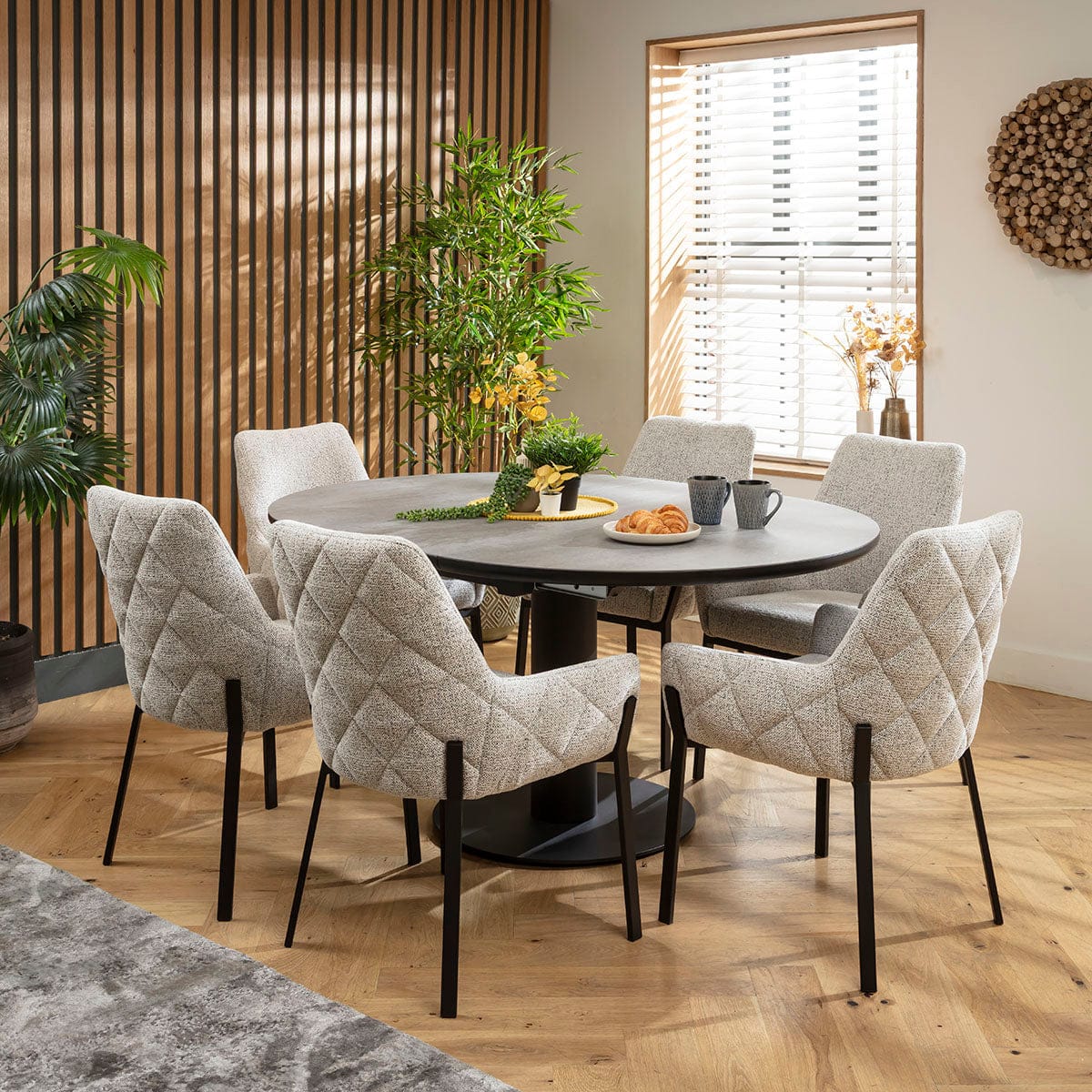 Ensemble de salle à manger rond extensible 6 places Cora &amp; Venus en céramique grise