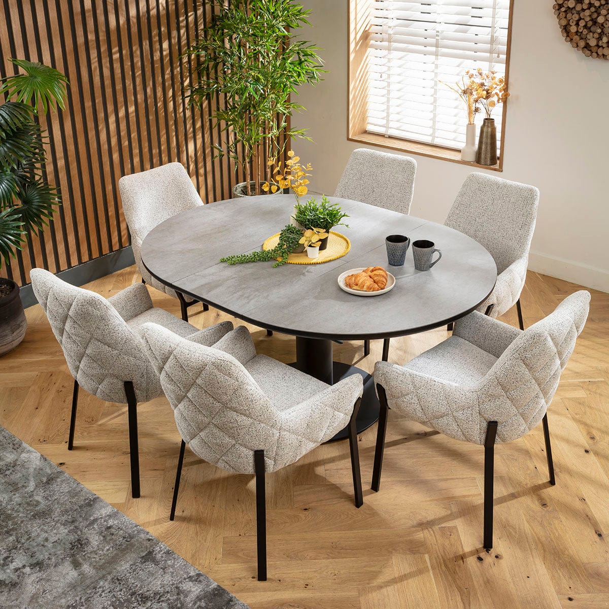 Ensemble de salle à manger rond extensible 6 places Cora &amp; Venus en céramique grise