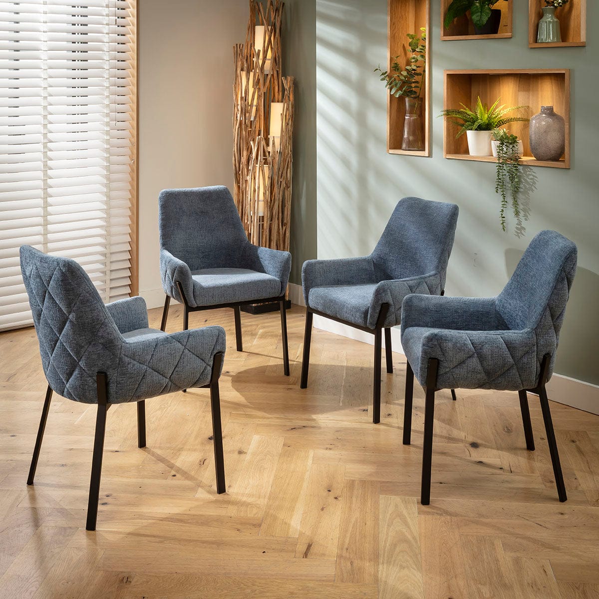4 chaises de salle à manger Cora Modern Carver avec accoudoirs, en chenille bleue