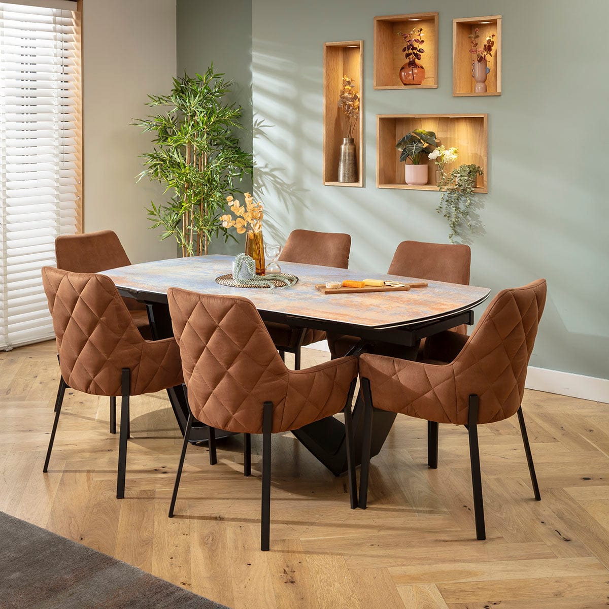 Ensemble de salle à manger extensible 6 places Cora &amp; Zelda en céramique marron et bleu rustique