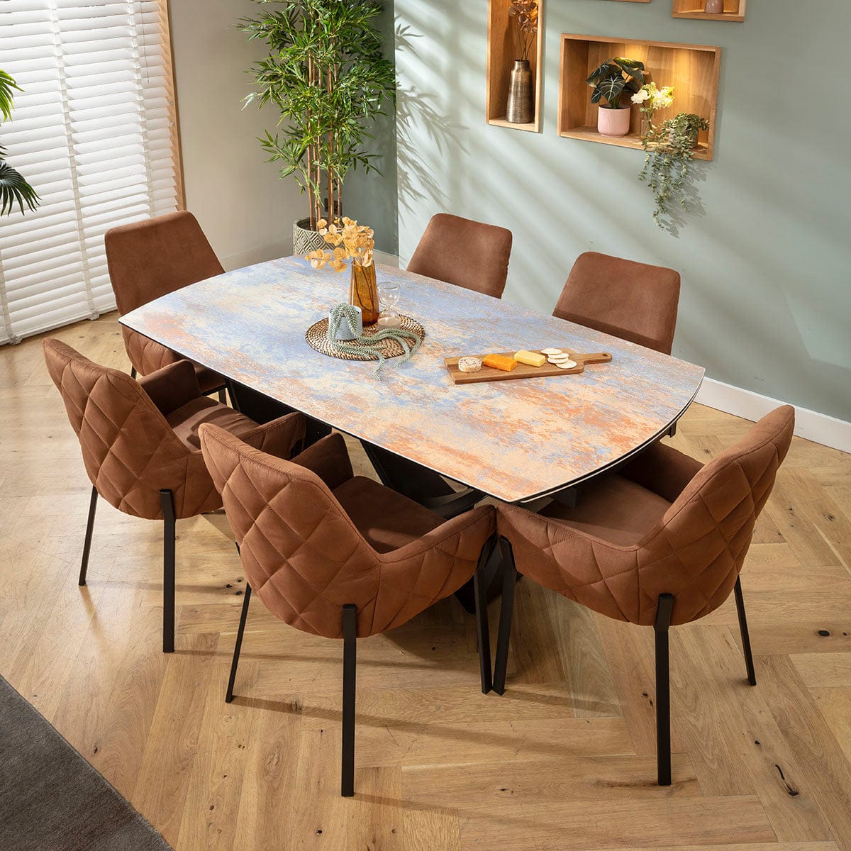 Ensemble de salle à manger extensible 6 places Cora &amp; Zelda en céramique marron et bleu rustique