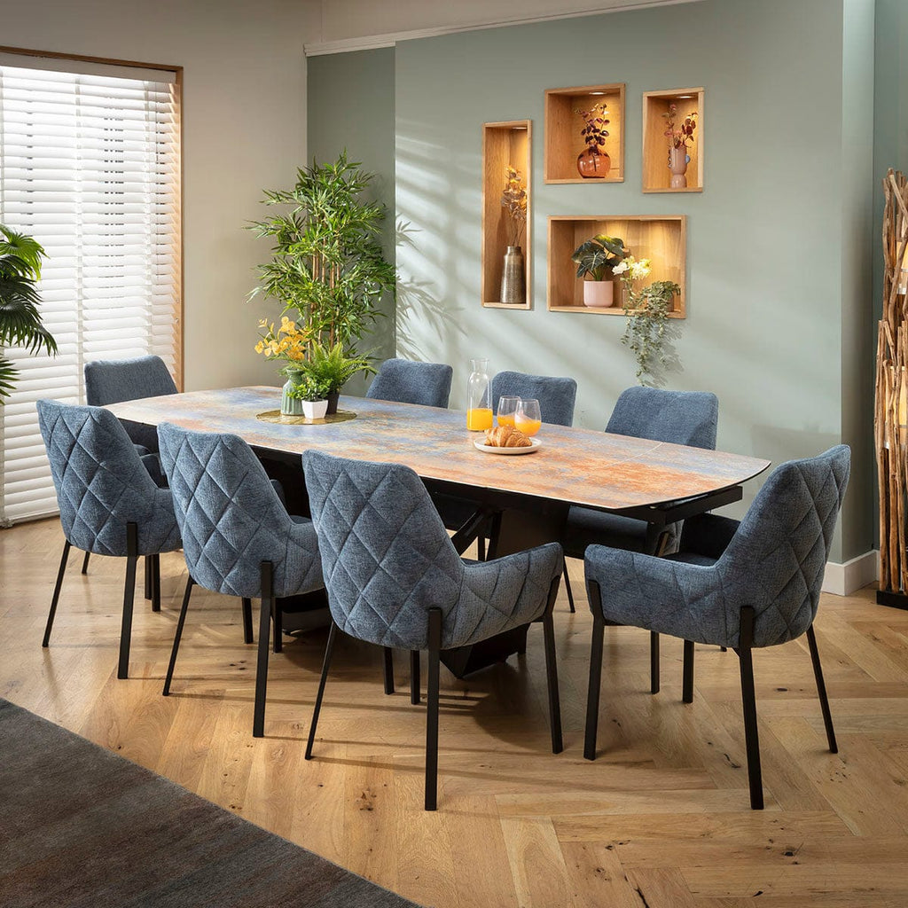 Ensemble de salle à manger extensible 8 places Cora &amp; Zelda en chenille bleue et céramique bleue rustique
