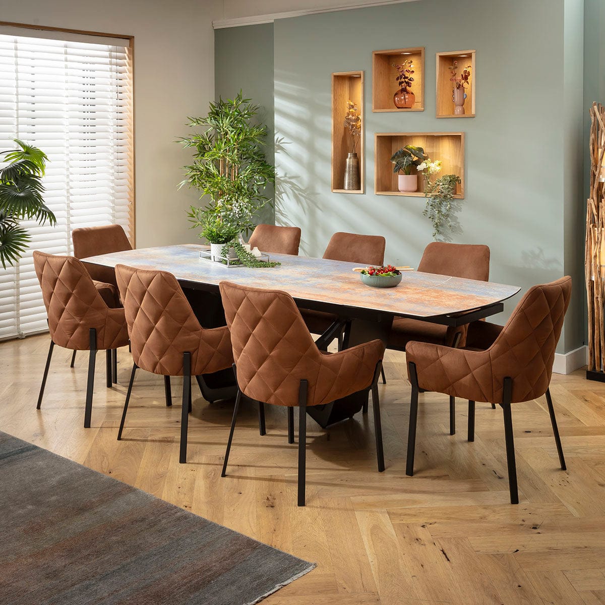 Ensemble de salle à manger extensible 8 places Cora &amp; Zelda en céramique marron et bleu rustique