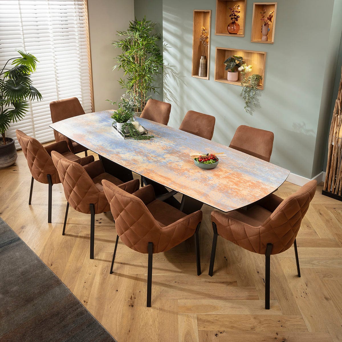 Ensemble de salle à manger extensible 8 places Cora &amp; Zelda en céramique marron et bleu rustique
