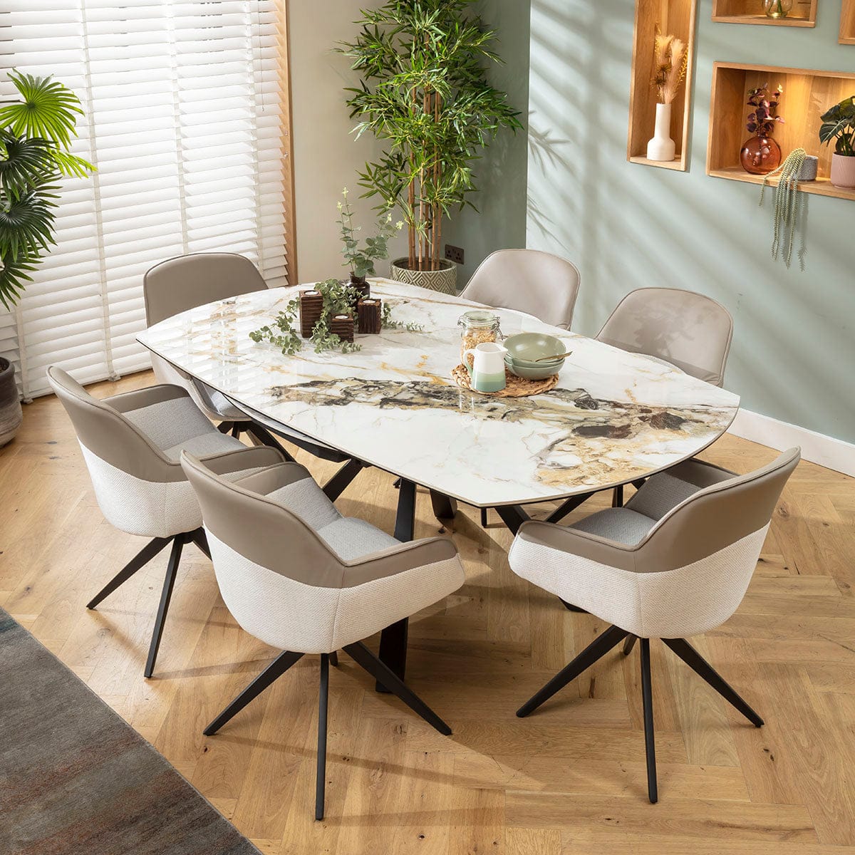 Ensemble de salle à manger rond extensible 6 places Echo &amp; Rudie en céramique blanche