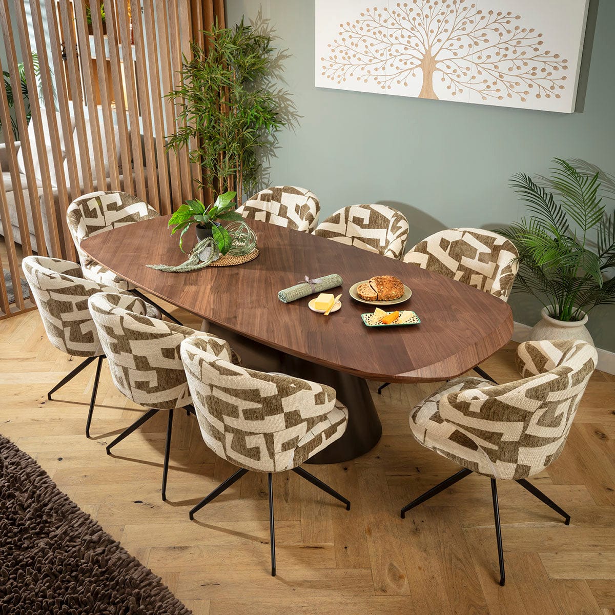 Ensemble de salle à manger moderne 8 places Enzo &amp; Phoenix, vert et noyer