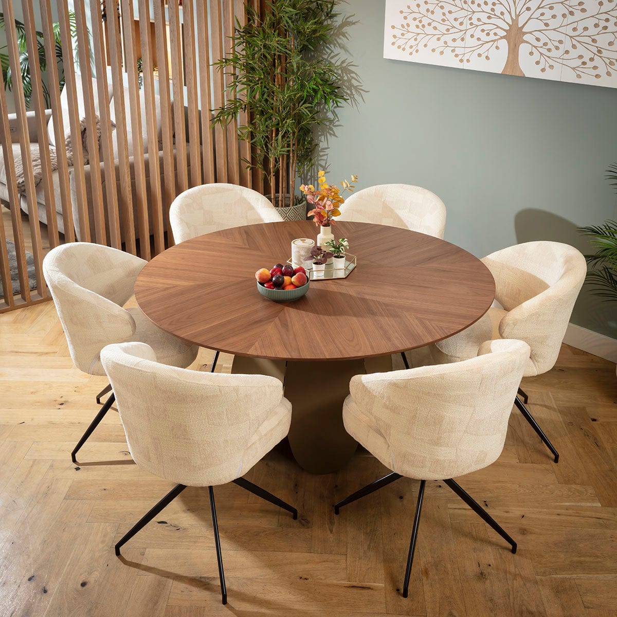 Ensemble de salle à manger rond moderne 6 places Enzo &amp; Phoenix, couleur crème et noyer