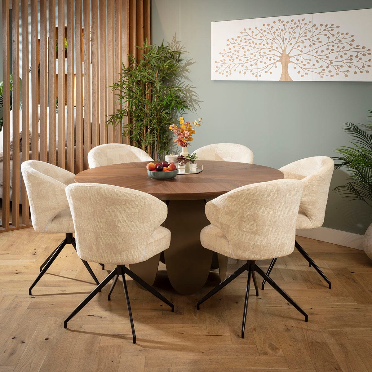 Ensemble de salle à manger rond moderne 6 places Enzo &amp; Phoenix, couleur crème et noyer