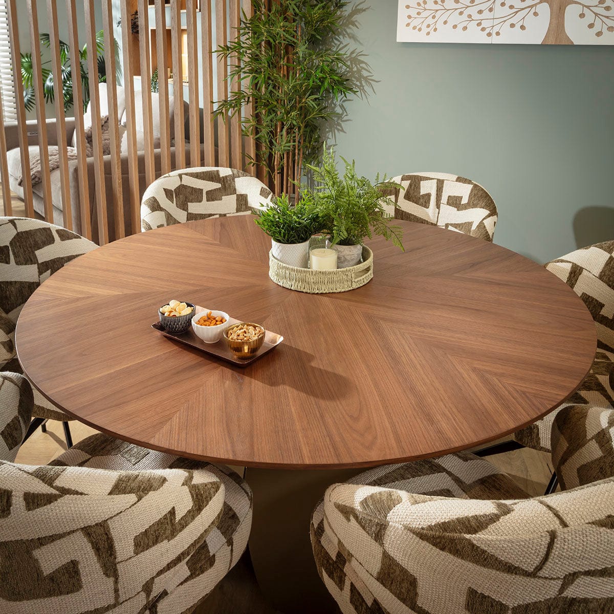 Ensemble de salle à manger rond moderne 6 places Enzo &amp; Phoenix, vert et noyer