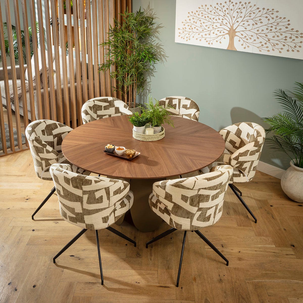 Ensemble de salle à manger rond moderne 6 places Enzo &amp; Phoenix, vert et noyer