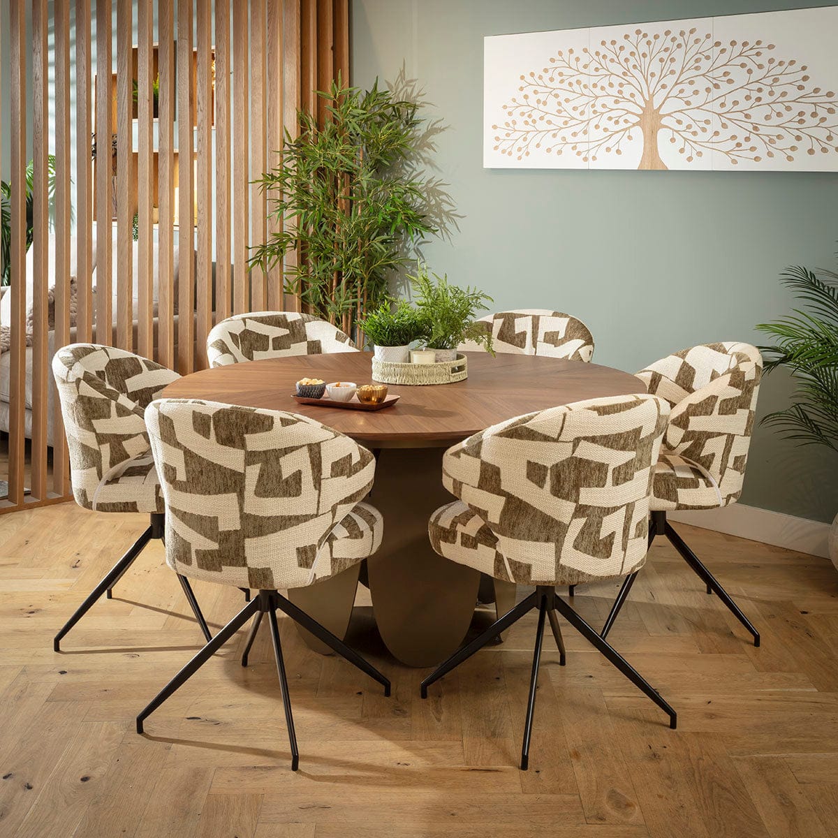 Ensemble de salle à manger rond moderne 6 places Enzo &amp; Phoenix, vert et noyer