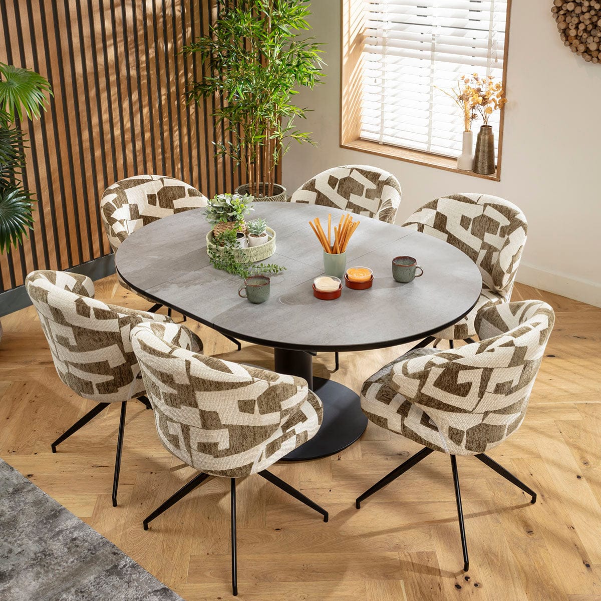 Ensemble de salle à manger rond extensible 6 places Enzo &amp; Venus en céramique verte et grise