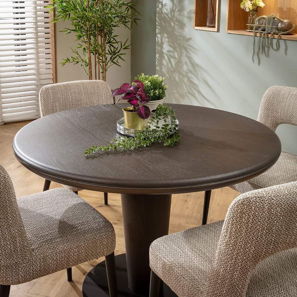 Ensemble de salle à manger rond 4 places contemporain Evie &amp; Pluto, finition chêne brun et gris délavé