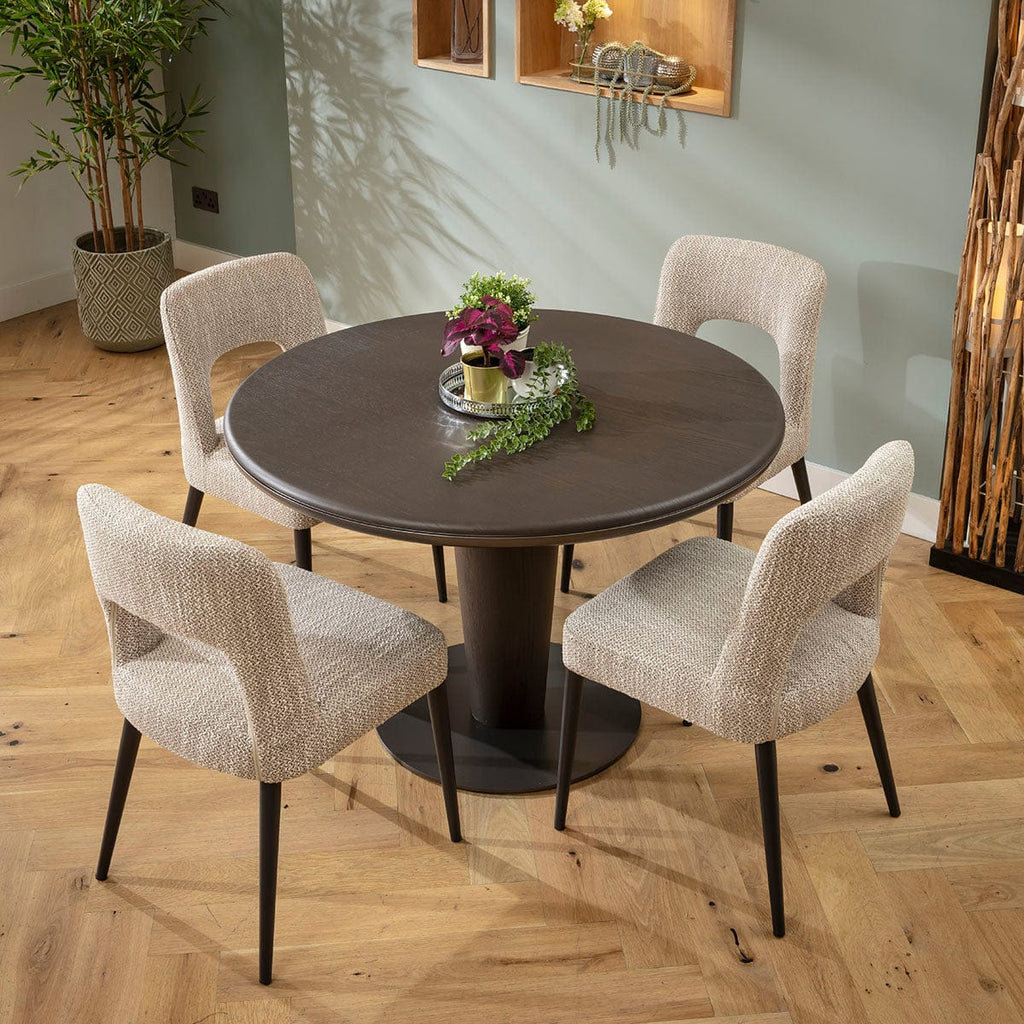 Ensemble de salle à manger rond 4 places contemporain Evie &amp; Pluto, finition chêne brun et gris délavé