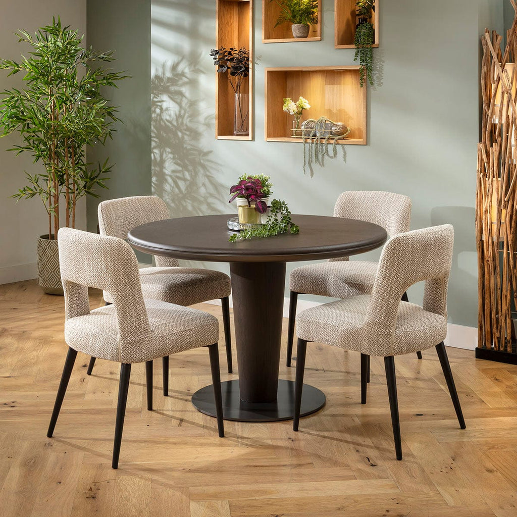Ensemble de salle à manger rond 4 places contemporain Evie &amp; Pluto, finition chêne brun et gris délavé
