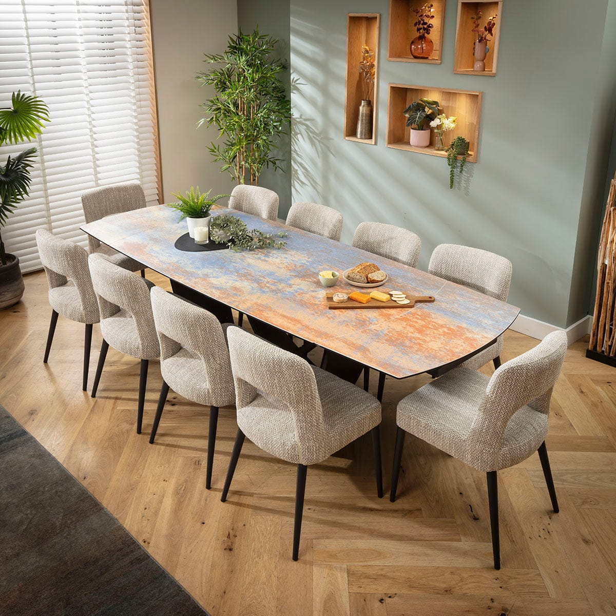 Ensemble de salle à manger extensible 10 places Evie &amp; Zelda en céramique marron et bleu rustique