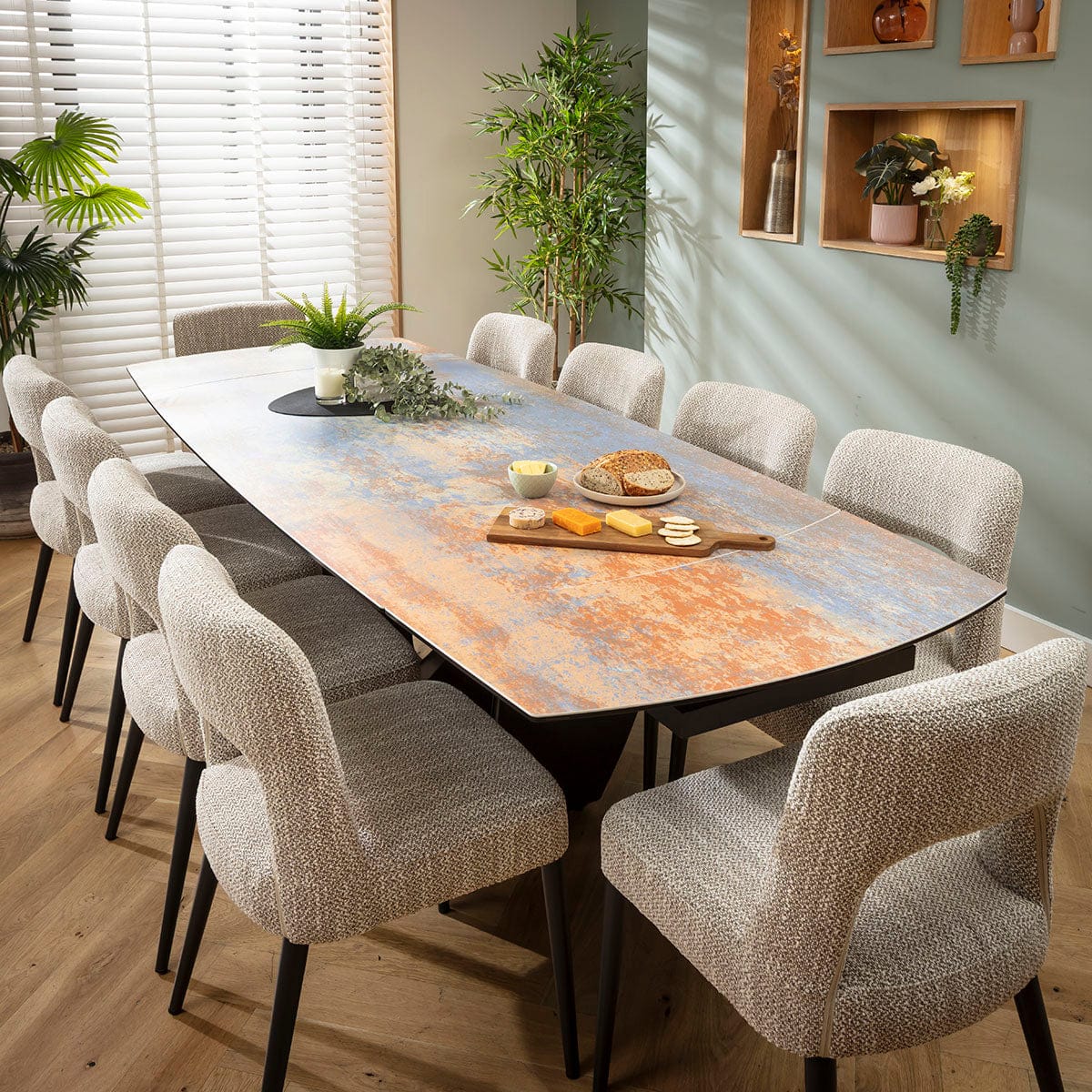 Ensemble de salle à manger extensible 10 places Evie &amp; Zelda en céramique marron et bleu rustique