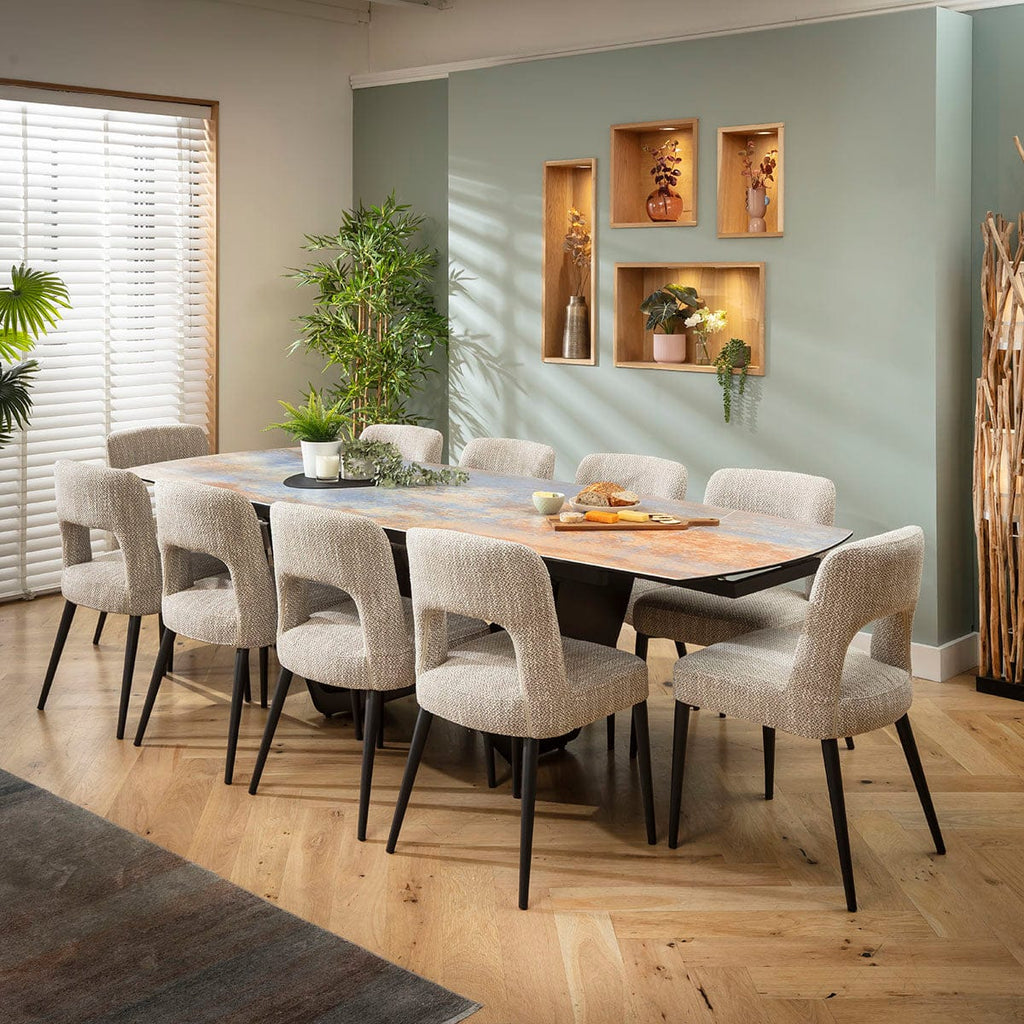 Ensemble de salle à manger extensible 10 places Evie &amp; Zelda en céramique marron et bleu rustique