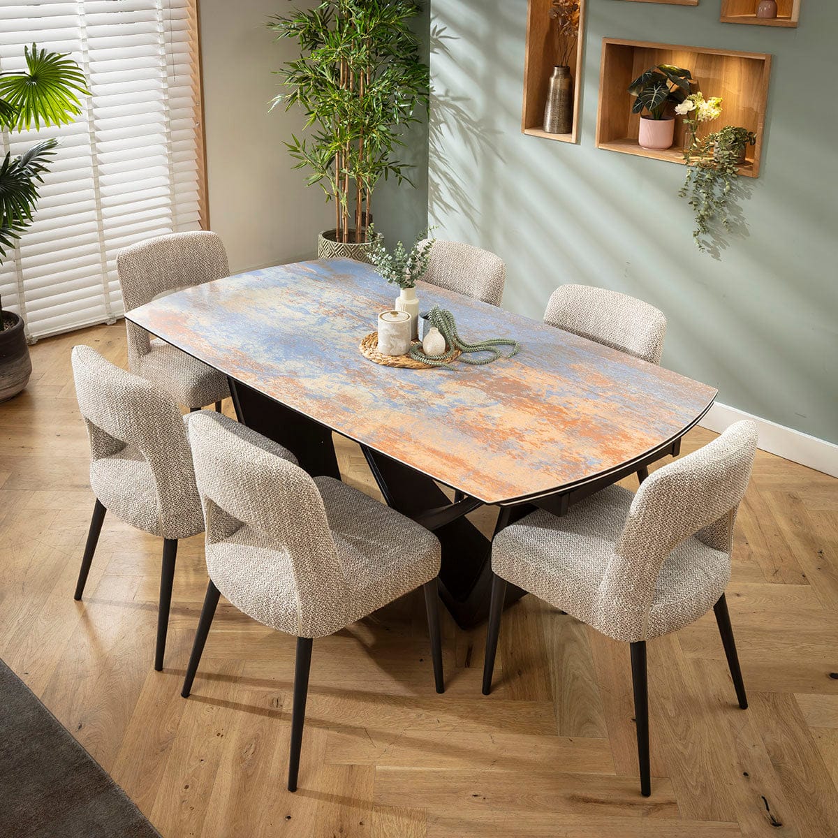 Ensemble de salle à manger extensible 6 places Evie &amp; Zelda en céramique marron et bleu rustique