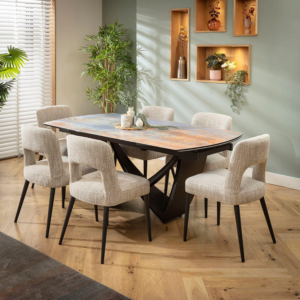 Ensemble de salle à manger extensible 6 places Evie &amp; Zelda en céramique marron et bleu rustique