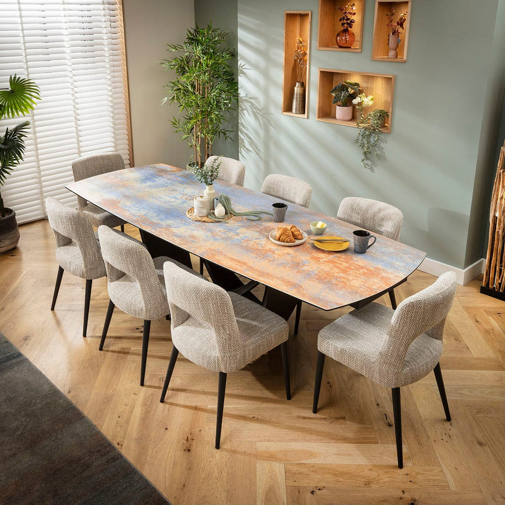 Ensemble de salle à manger extensible 8 places Evie &amp; Zelda en céramique marron et bleu rustique