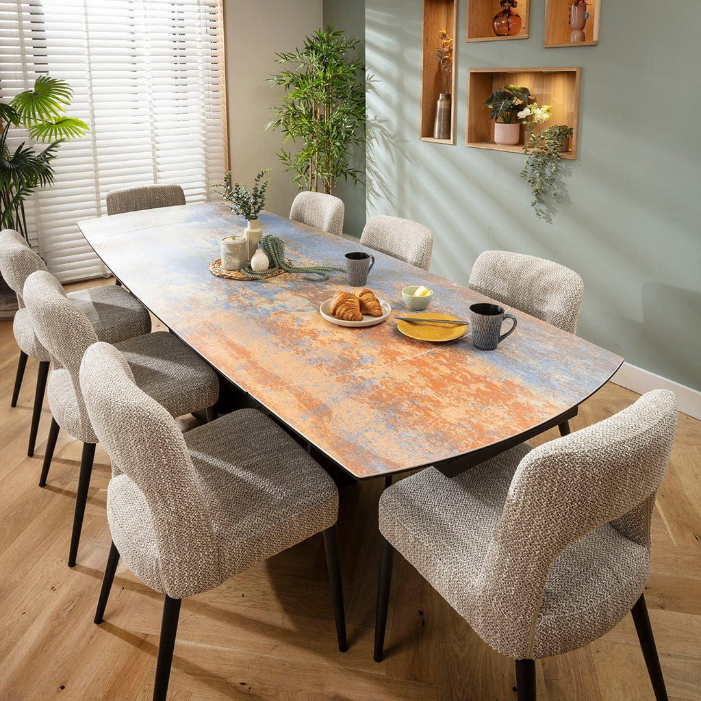 Ensemble de salle à manger extensible 8 places Evie &amp; Zelda en céramique marron et bleu rustique