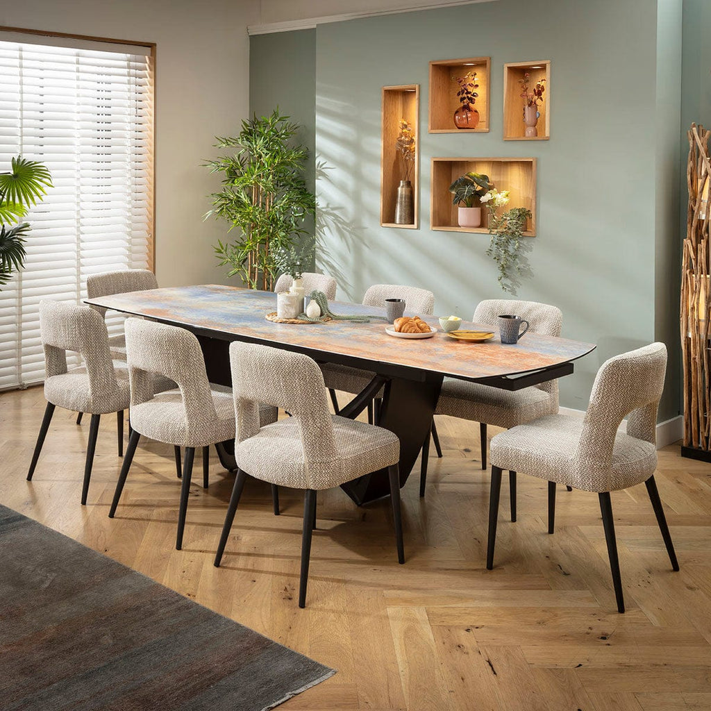 Ensemble de salle à manger extensible 8 places Evie &amp; Zelda en céramique marron et bleu rustique