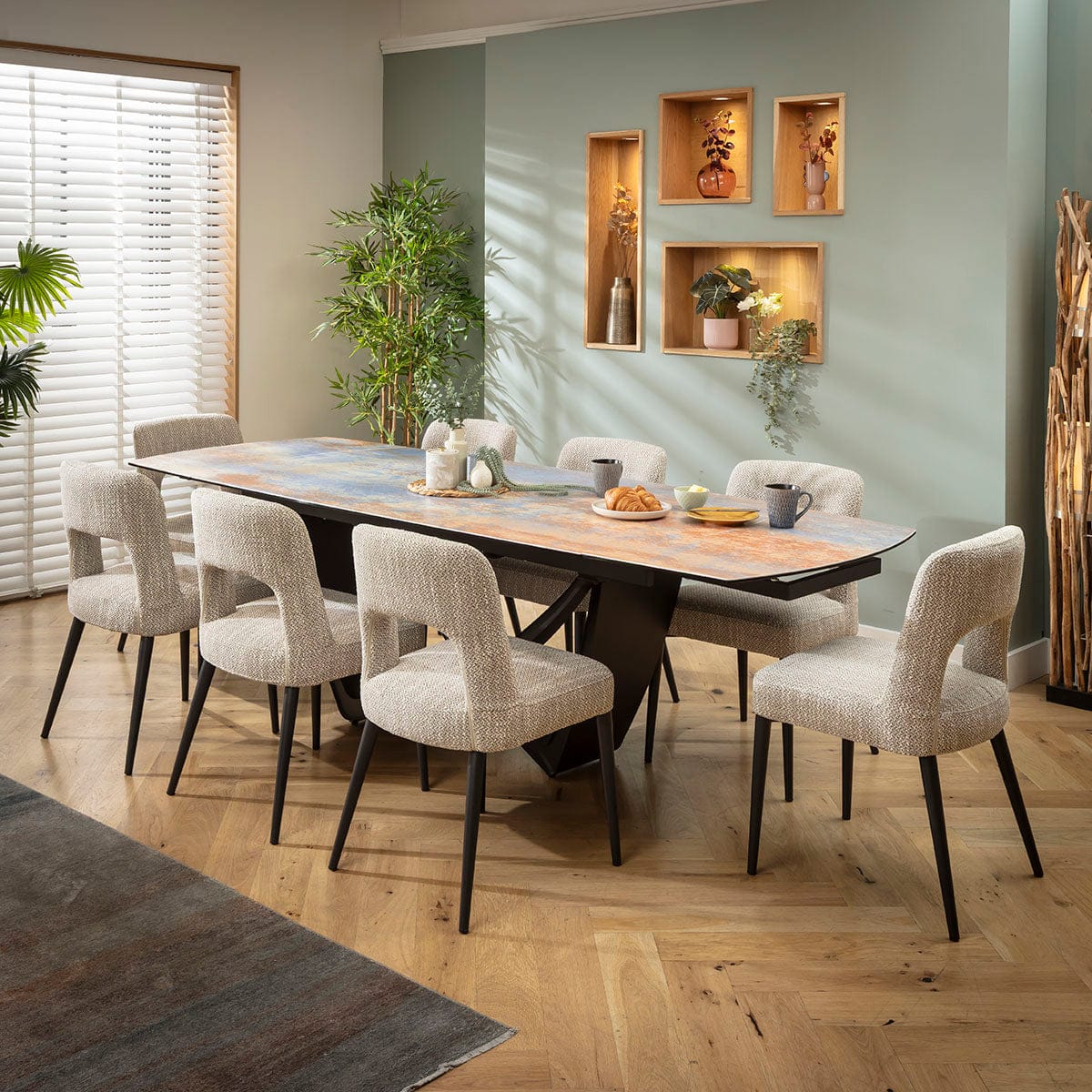 Ensemble de salle à manger extensible 8 places Evie &amp; Zelda en céramique marron et bleu rustique