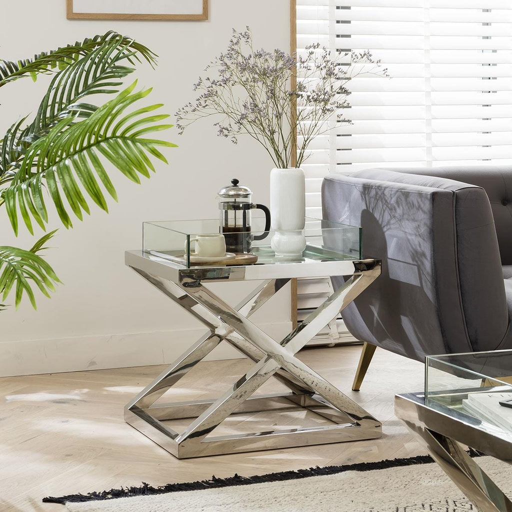 Table d'appoint Quatropi d'ExDisplay, en verre transparent et métal argenté avec structure en X