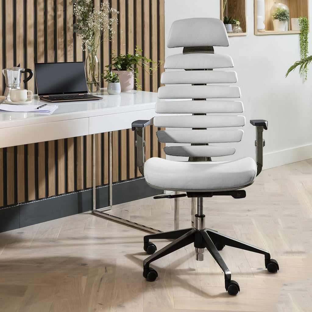 Fauteuil de bureau moderne Ergo, gris et blanc, en similicuir.