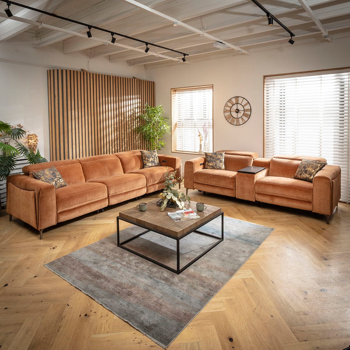 Ensemble canapé inclinable moderne Florance 3 et 2 places avec console de rangement, orange brûlé