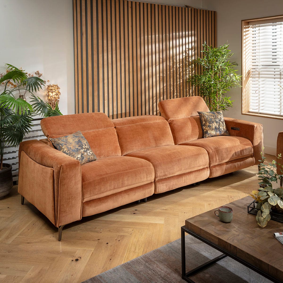 Ensemble canapé inclinable moderne Florance 3 et 2 places avec console de rangement, orange brûlé