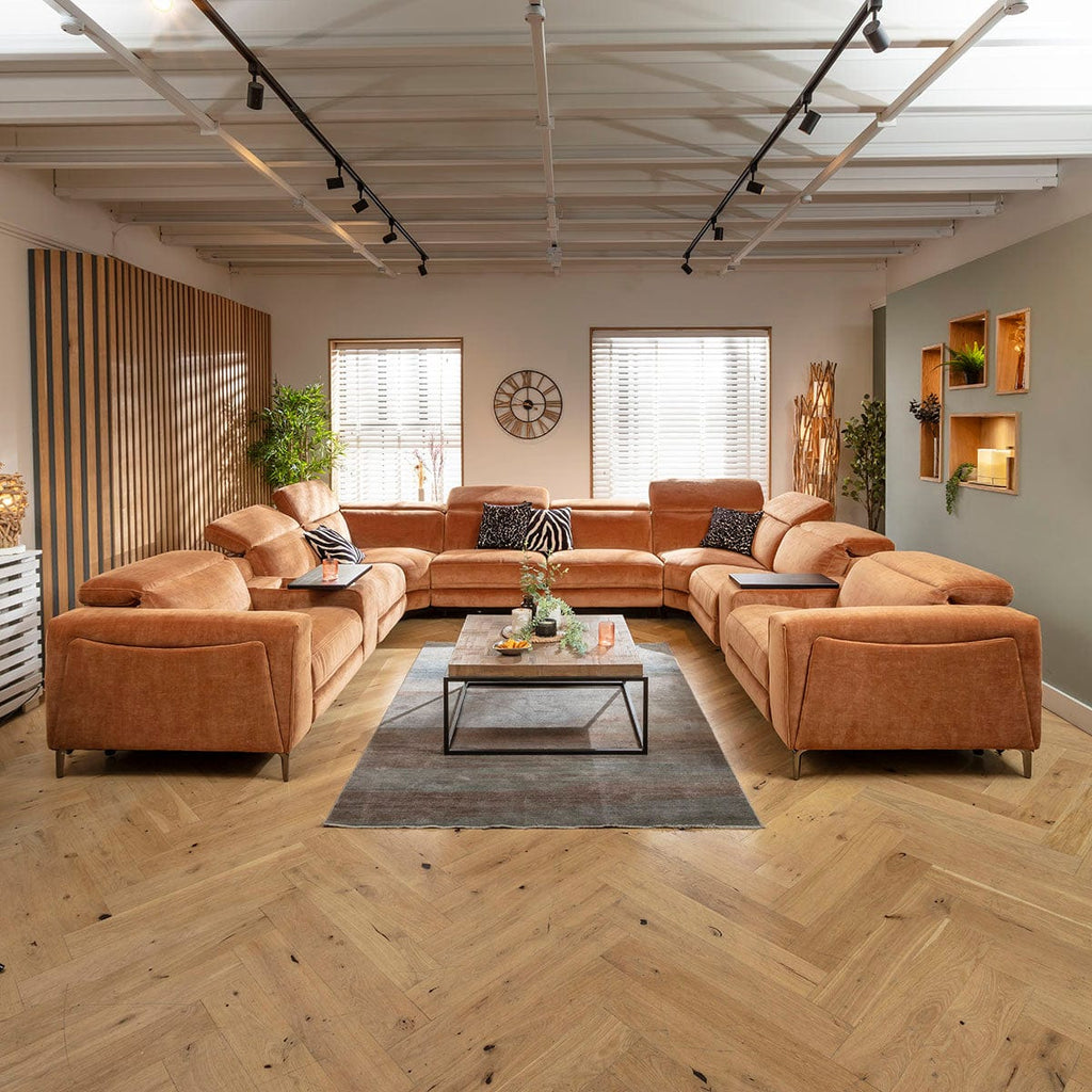 Canapé d'angle Florance 8 places avec fauteuils inclinables quadruples et console de rangement, orange brûlé, 408 x 342 cm