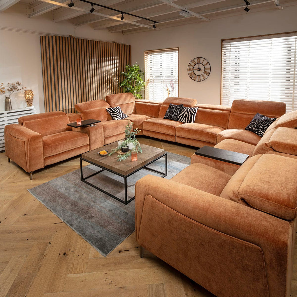 Canapé d'angle Florance 8 places avec console de rangement et fauteuil inclinable, couleur orange brûlé, 408 x 342 cm